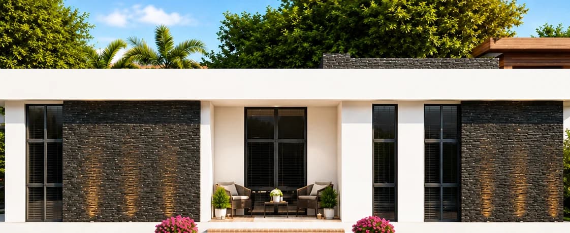 Fachada frontal com revestimento em pedra