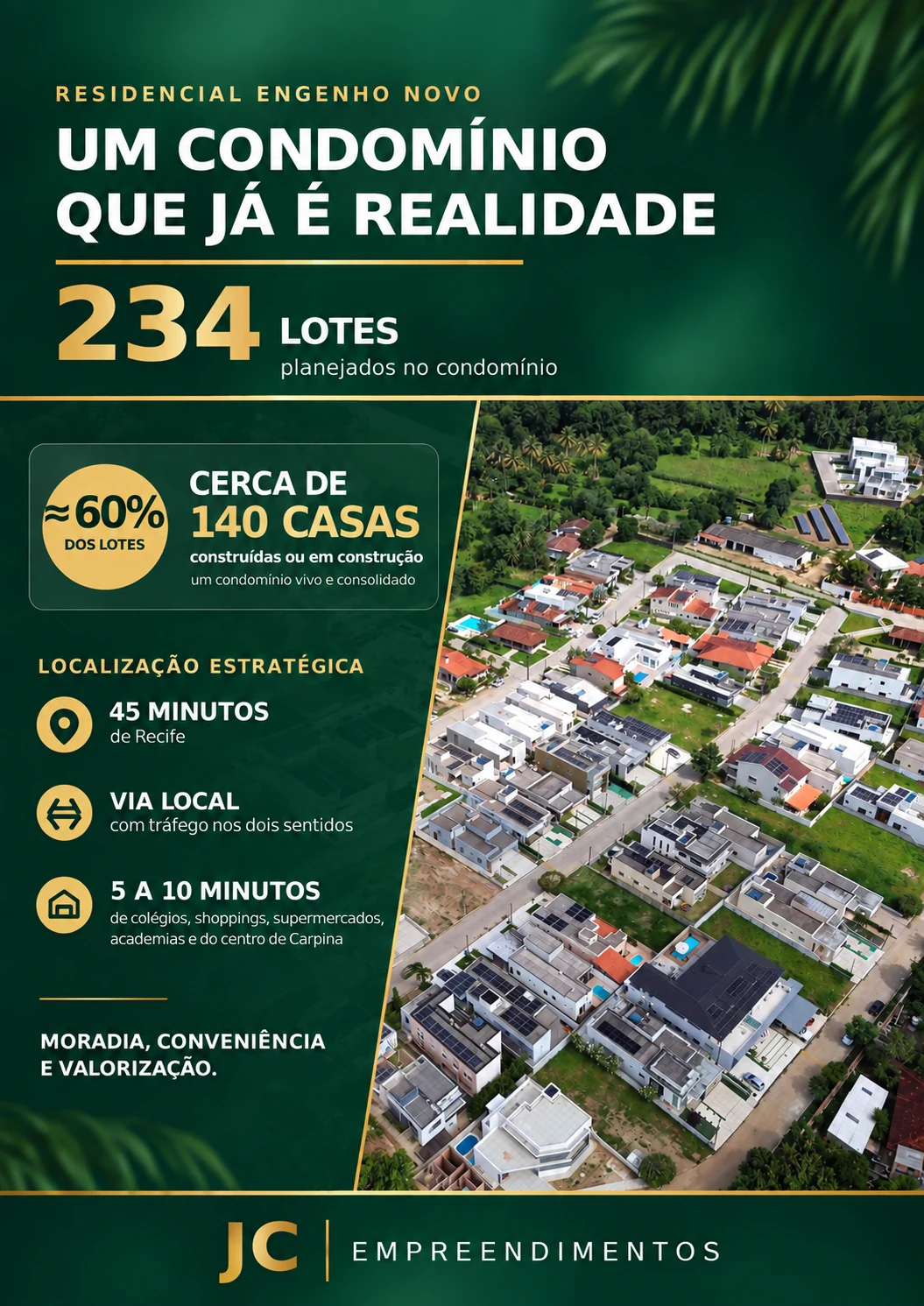 Apresentação do Residencial Engenho Novo, com vista aérea e áreas de lazer
