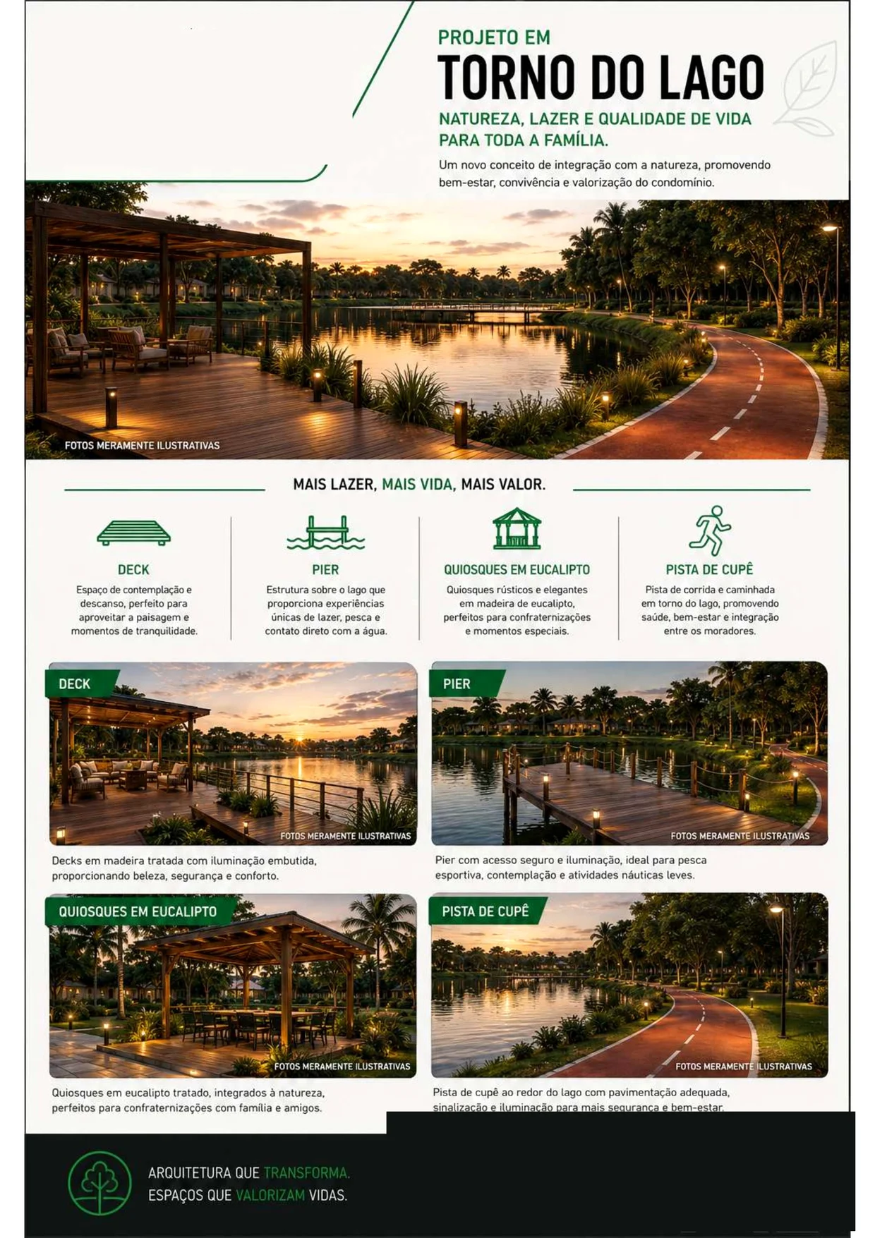 Projeto do entorno do lago, com deck, píer, quiosques e pista de cooper